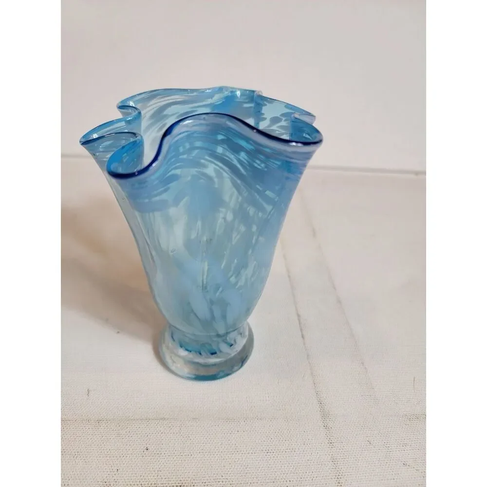 Vintage Hand Blown‎ Art Ruffle Glass Vase Blue Swirl Fluted VTG MCM